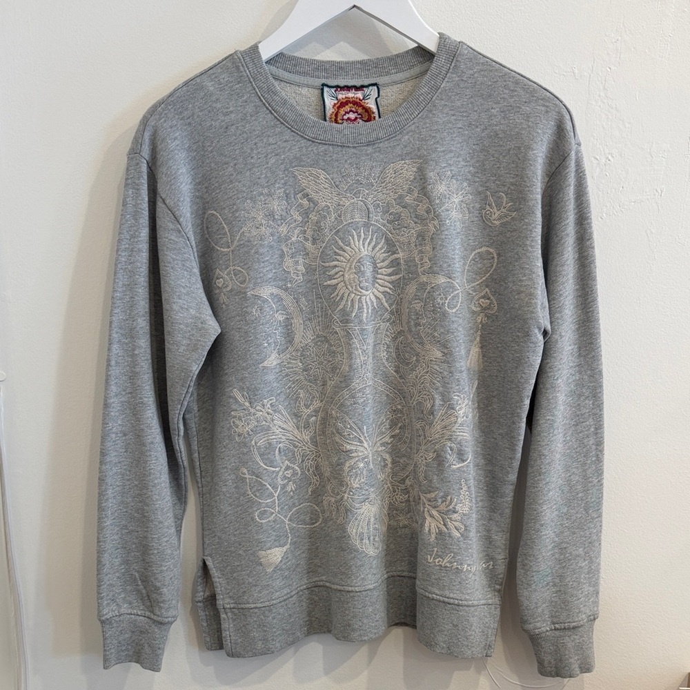 Johnny Was Gray Crewneck Sweater with Cream Sunburst Embroidery